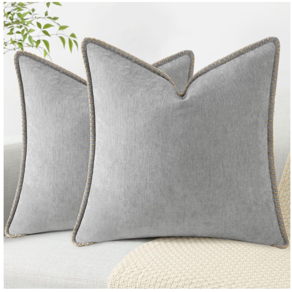Gray Chenille Throw Pillow Covers w/Tan Trim -Set of 2